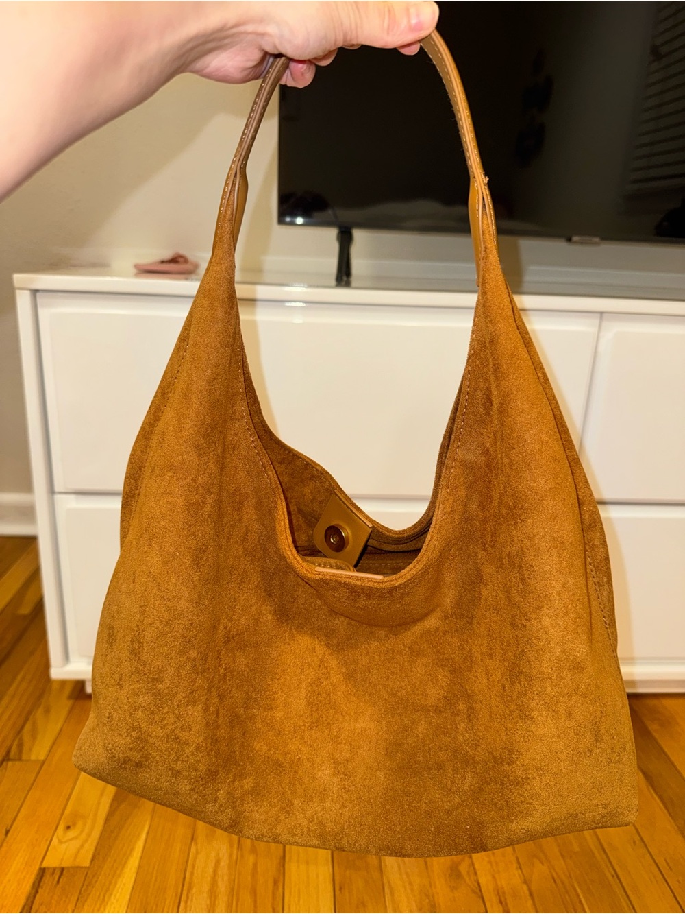 Suede Hobo Shoulder Bag in Cognac Brown